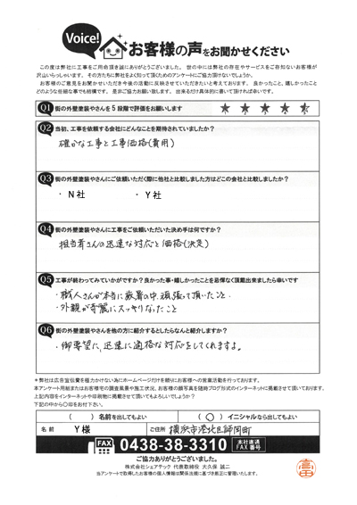 横浜市港北区で屋根工事を行ったお客様の声　工事後アンケート